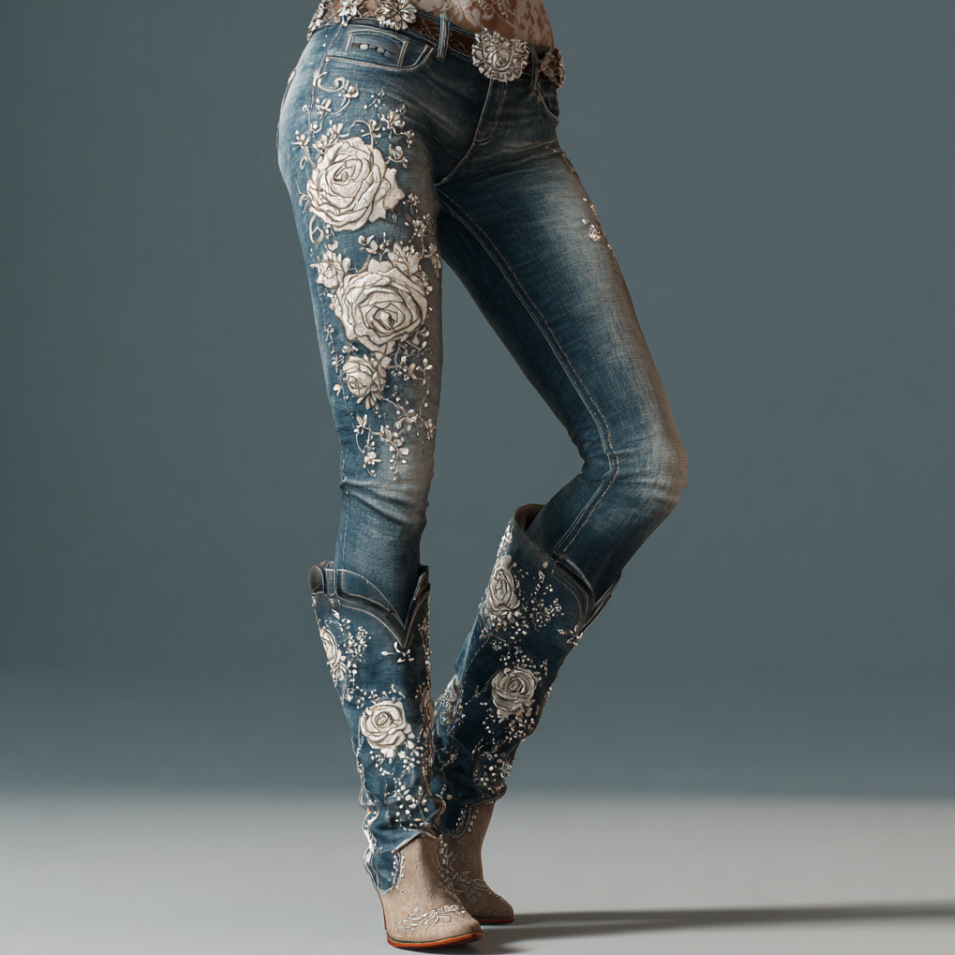 Retro Floral Print Jeans High Waist Slim Imitation Jeans Elegant Casual Trousers